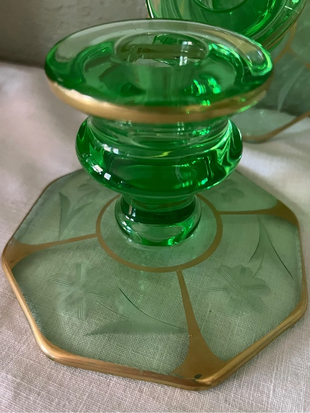 Antique 1930s Uranium Glass Etched Floral Gold Candlesticks Pair